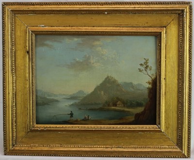 Lot 1144 - English School 18th Century, oil on oak panel, A hilly river landscape with fishermen in the foreground, in gilt frame. 20 x 26cm.