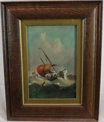 Lot 1125 - Edward King Redmore (1860 - 1941) oil on board - Fishing vessels in heavy seas, signed, 22cm x 14cm in gilt and oak frame