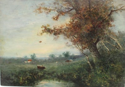 Lot 1139 - George A. Boyle (1842 - 1930) oil on panel - Cattle in a meadow by a pool, signed, 25cm x 36cm unframed