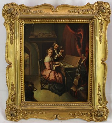 Lot 1140 - Continental School 19th Century, oil on metal - ‘The Music Lesson’, 28cm x 23cm in gilt frame