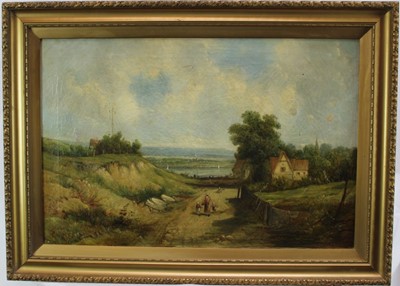 Lot 1124 - Alfred H. Vickers (1853 - 1907) oil on canvas - A river landscape with figures on a path by a cottage, signed and dated 1895, 40cm x 60cm in gilt frame