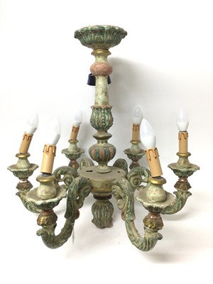 Lot 1347 - Painted wooden six branch chandelier, with six scrolling arms issuing from central knopped column, 57cm wide x 59cm high