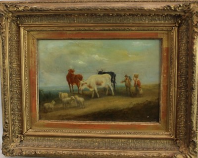 Lot 1141 - Continental School 19th Century, oil on board - A herdsman and his family with cattle and sheep, 18cm x 27cm in gilt frame