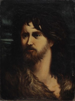 Lot 1142 - Continental School 18th Century, oil on canvas - A portrait of a wild man with long hair and beard, 31cm x 23cm, unframed