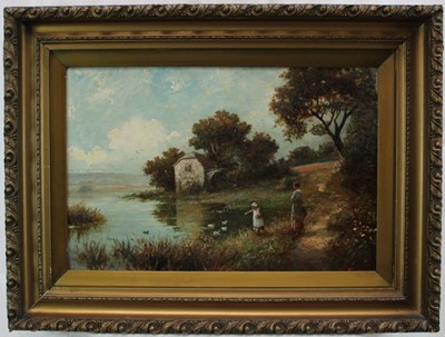 Lot 1123 - English School Circa 1880, oil on canvas - A river landscape with a mother and child feeding ducks in the foreground, indistinctly signed, 39 x 59cm in gilt frame