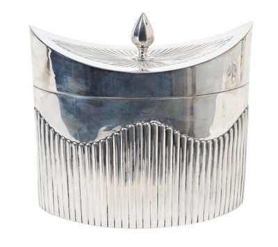 Lot 358 - Victorian silver biscuit barrel of navette form with fluted decoration and hinged cover with faceted finial, (Sheffield 1896) Maker James Dixon & Sons Ltd. All at approximately 17.5ozs. 14cm overal...