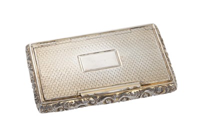 Lot 367 - Early Victorian silver snuff box of rectangular cushion form with engine turned decoration, vacant central cartouche and scroll borders, flush fitting hinged cover with gilded interior. (Birmingham...