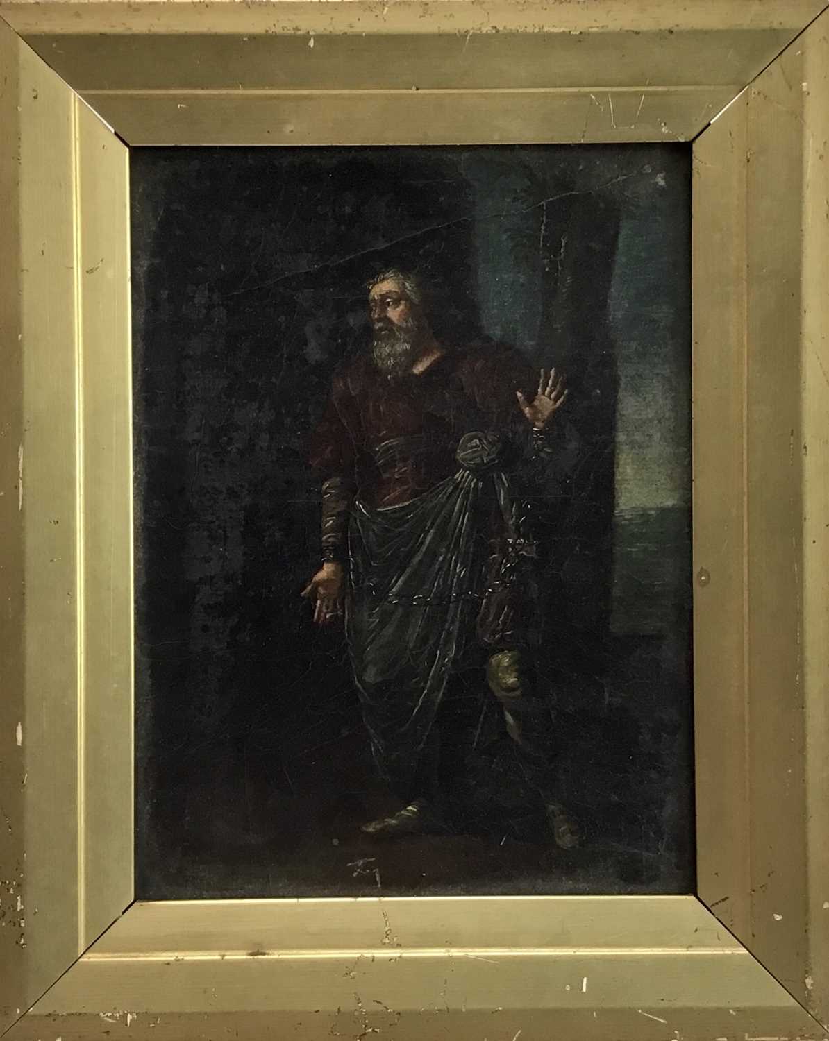 Lot 1 - Antique oil on board - captive man in chains, 16cm x 21cm, framed (23.5cm x 29cm overall)