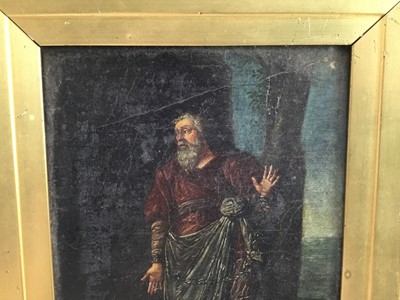 Lot 1 - Antique oil on board - captive man in chains, 16cm x 21cm, framed (23.5cm x 29cm overall)