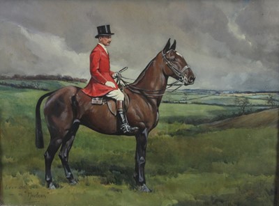 Lot 989 - Geraldine Langley, early 20th century, watercolour - Gentleman on his Hunter, 'Leonard on Maclean', signed and titled, 47.5cm x 62.5cm, in oak frame, a alter black and white photograph verso