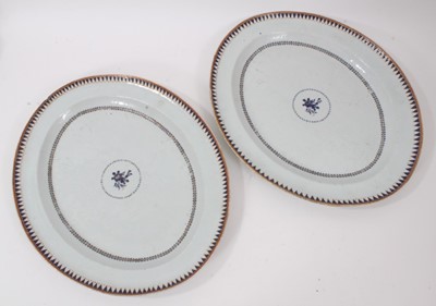 Lot 155 - Pair of Chinese porcelain platters, circa 1800, with geometric patterns and a central floral spray, 40.5cm wide