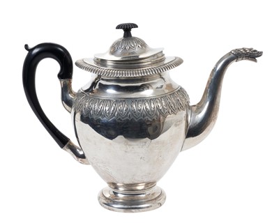 Lot 387 - 19th century Danish silver teapot of bellied form with band of chased acanthus leaf decoration, fluted border and domed slip in cover with ebony finial, similar loop handle and spout with animal ma...