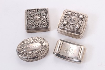 Lot 390 - Dutch silver snuff box of square form with filigree decoration to hinged cover, together with another similar Dutch silver snuff box, continental silver (826) snuff box of curved form and a contine...