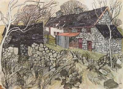 Lot 1189 - *Dione Page (1936-2021) pastel with gouache on paper - 'Farm near Dolgellau', titled, 77cm x 57cm, unframed