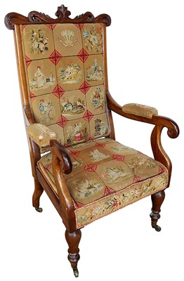 Lot 1395 - Mid 19th century carved rosewood and tapestry upholstered open armchair