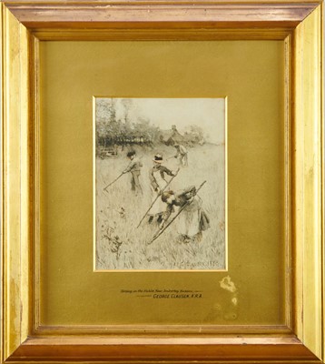 Lot 1117 - George Clausen (1852-1944) pair of monochrome watercolours - 'Hoeing in the Fields Near Amberley, Sussex' and 'Burning Ricks', signed and dated 1885, in original gilt frames
