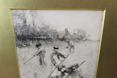 Lot 1117 - George Clausen (1852-1944) pair of monochrome watercolours - 'Hoeing in the Fields Near Amberley, Sussex' and 'Burning Ricks', signed and dated 1885, in original gilt frames