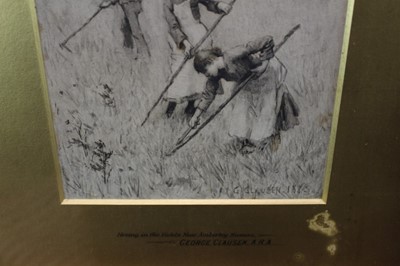 Lot 1117 - George Clausen (1852-1944) pair of monochrome watercolours - 'Hoeing in the Fields Near Amberley, Sussex' and 'Burning Ricks', signed and dated 1885, in original gilt frames