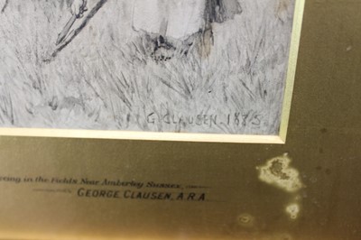 Lot 1117 - George Clausen (1852-1944) pair of monochrome watercolours - 'Hoeing in the Fields Near Amberley, Sussex' and 'Burning Ricks', signed and dated 1885, in original gilt frames
