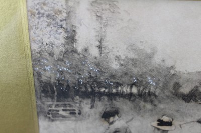 Lot 1117 - George Clausen (1852-1944) pair of monochrome watercolours - 'Hoeing in the Fields Near Amberley, Sussex' and 'Burning Ricks', signed and dated 1885, in original gilt frames