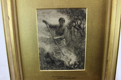 Lot 1117 - George Clausen (1852-1944) pair of monochrome watercolours - 'Hoeing in the Fields Near Amberley, Sussex' and 'Burning Ricks', signed and dated 1885, in original gilt frames