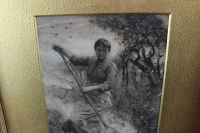 Lot 1117 - George Clausen (1852-1944) pair of monochrome watercolours - 'Hoeing in the Fields Near Amberley, Sussex' and 'Burning Ricks', signed and dated 1885, in original gilt frames