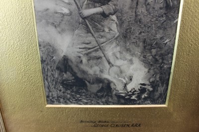 Lot 1117 - George Clausen (1852-1944) pair of monochrome watercolours - 'Hoeing in the Fields Near Amberley, Sussex' and 'Burning Ricks', signed and dated 1885, in original gilt frames
