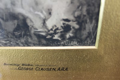 Lot 1117 - George Clausen (1852-1944) pair of monochrome watercolours - 'Hoeing in the Fields Near Amberley, Sussex' and 'Burning Ricks', signed and dated 1885, in original gilt frames