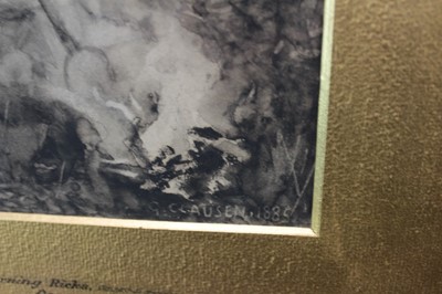 Lot 1117 - George Clausen (1852-1944) pair of monochrome watercolours - 'Hoeing in the Fields Near Amberley, Sussex' and 'Burning Ricks', signed and dated 1885, in original gilt frames