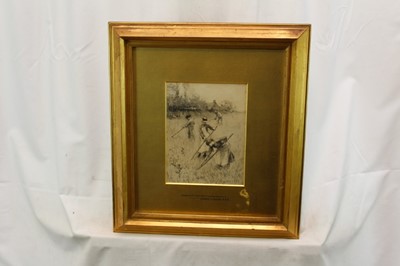 Lot 1117 - George Clausen (1852-1944) pair of monochrome watercolours - 'Hoeing in the Fields Near Amberley, Sussex' and 'Burning Ricks', signed and dated 1885, in original gilt frames