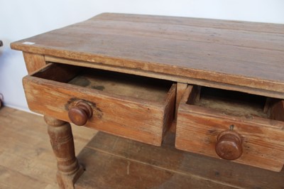 Lot 116 - Victorian pine kitchen work table/island with plank top and three drawers on turned legs with undertier