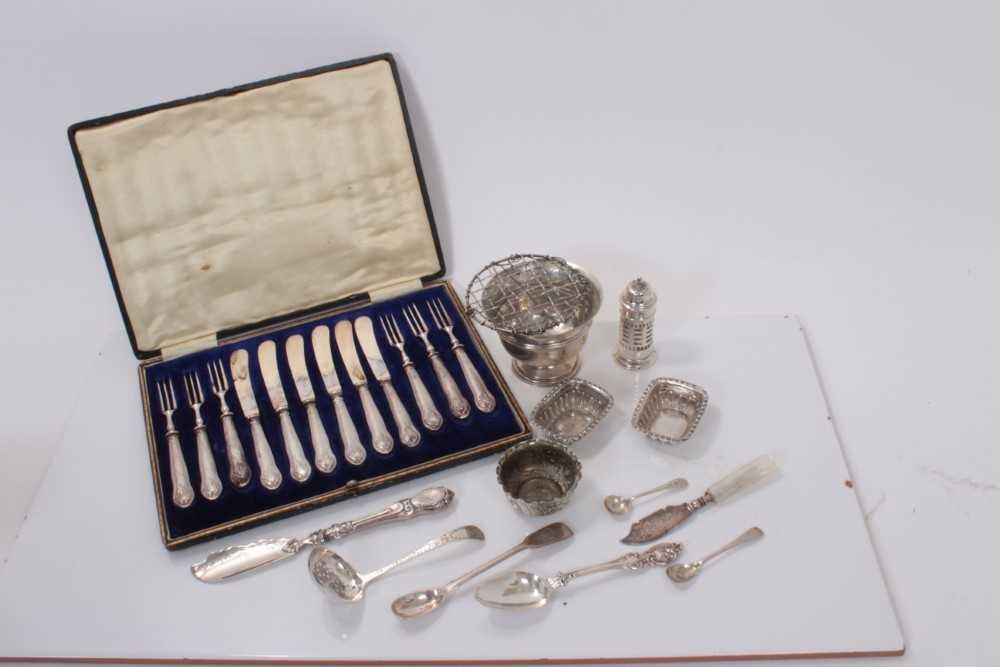 Lot 156 - Set of six George V silver fruit / desert knives and forks in fitted case, (Sheffield 1910), together with a Victorian silver butter knife, other silver flatware and a silver plated rose bowl.