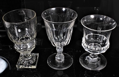 Lot 211 - Good group of nine 19th century glass goblets, of various shapes, with cut and engraved decoration, the largest measuring 17cm high