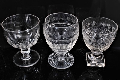 Lot 211 - Good group of nine 19th century glass goblets, of various shapes, with cut and engraved decoration, the largest measuring 17cm high