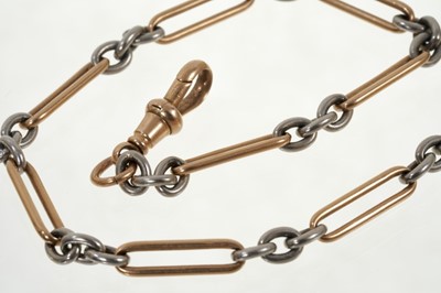Lot 499 - Edwardian rose gold and platinum watch chain with fetter links, 27cm length.