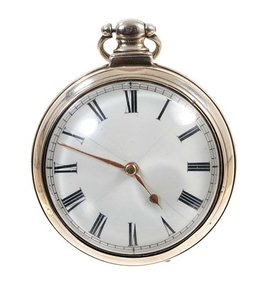 Lot 556 - George IV gentlemen's silver pair cased pocket watch. With fusée movement and verge escapement, unsigned, circular white enamel dial with black Roman numerals and gold hands in a pair of silver cas...