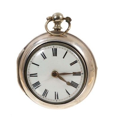 Lot 557 - Early George III gentlemen's silver pair-cased pocket watch by Jn. Bennett of London, numbered 6061, the fusée movement with verge escapement, finely pierced and engraved balance cock and square ba...