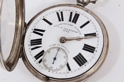 Lot 559 - Victorian gentleman's silver 'Coastguard Watch' by J.N.Masters of Rye, the key wind movement with engine turned silver dust cover, the circular white enamel dial with black Roman numerals and subsi...