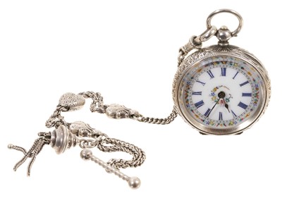 Lot 560 - Late 19th century ladies Swiss silver fob watch with polychrome jewelled enamel dial in finely engraved silver case on an antique silver Albertina with tassle fob.