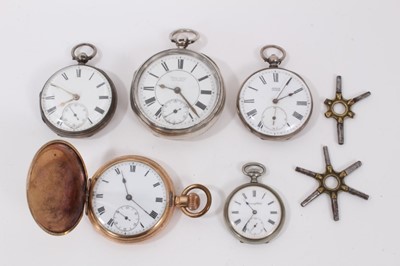 Lot 561 - Five antique pocket watches to include a Victorian silver pocket watch by George Barnes of Gainsborough, Chester 1883, a gold plated full hunter pocket watch, two 19th century silver pocket watches...