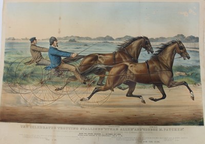 Lot 973 - Mid 19th century hand coloured lithograph - The Celebrated Trotting Stallions "Ethan Allen" and "George M. Patchen", published by Currier & Ives 1858, 58cm x 72cm, unframed