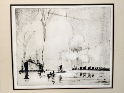 Lot 42 - Frank Mason (1876-1965) signed black and white etching - shipping and other craft, 38cm x 45cm, mounted