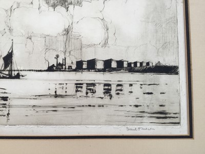 Lot 42 - Frank Mason (1876-1965) signed black and white etching - shipping and other craft, 38cm x 45cm, mounted