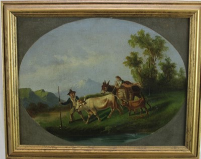 Lot 280 - Continental School, 19th century, pair of oils on canvas laid on panel - Herders and Livestock in Mountainous Landscapes, 39cm x 52.5cm, in gilt frames