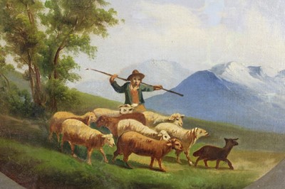 Lot 198 - Continental School, 19th century, pair of oils on canvas laid on panel - Herders and Livestock in Mountainous Landscapes, 39cm x 52.5cm, in gilt frames