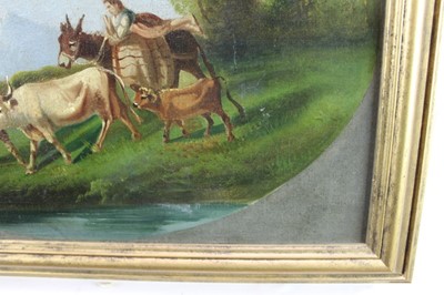 Lot 164 - Continental School, 19th century, pair of oils on canvas laid on panel - Herders and Livestock in Mountainous Landscapes, 39cm x 52.5cm, in gilt frames