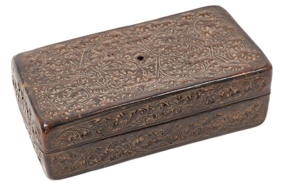 Lot 739 - Unusual and rare 17th century tooled leather box, with all over scrolling arabesque ornament and hinged lid, paper lined to interior, 12cm wide