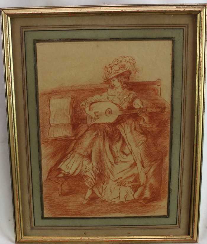 Lot 290 - Manner of Louis Rolland Trinquesse (1745/6-1799) red chalk on paper - The Musician, 29cm x 21cm, in ink and wash mount and gilt frame