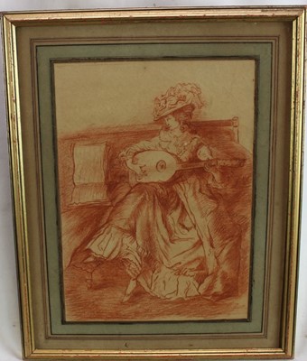 Lot 174 - Manner of Louis Rolland Trinquesse (1745/6-1799) red chalk on paper - The Musician, 29cm x 21cm, in ink and wash mount and gilt frame