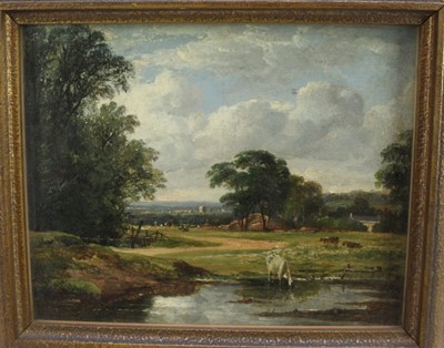 Lot 1003 - Follower of Constable, oil on board landscape, another work verso